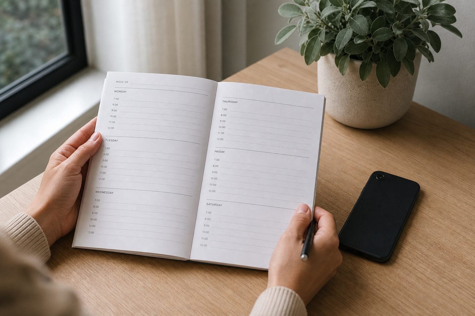Hands holding a paper weekly diary on a wooden desk, with a phone face-down beside it