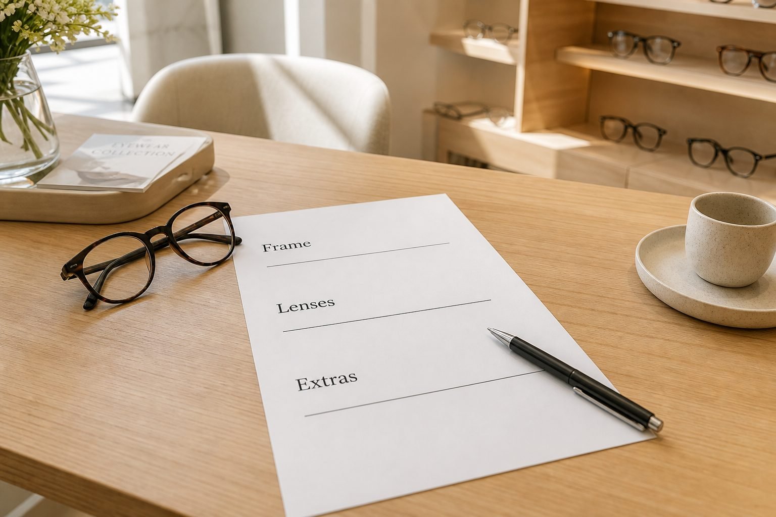 Paper quote on a wooden desk with Frame, Lenses and Extras listed as blank lines, and no amounts shown