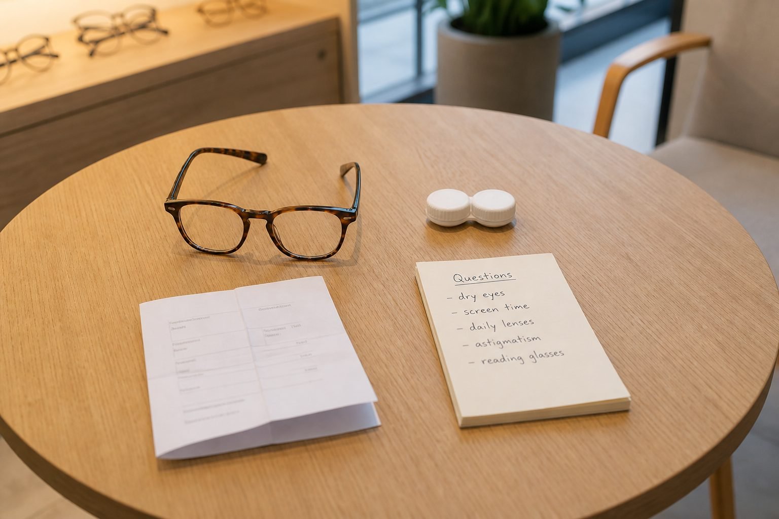 Glasses, a contact-lens case, a folded script and a short handwritten questions list on a round wooden table