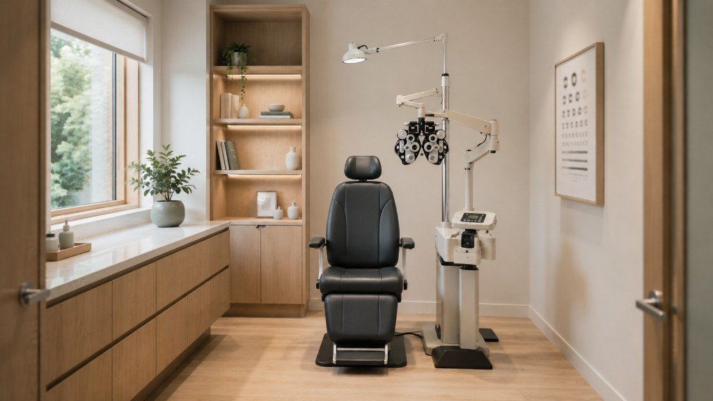 Empty optometry exam room with a patient chair, phoropter stand and frame shelves