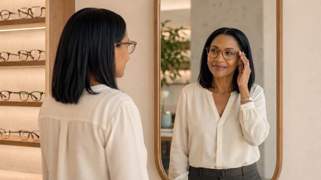 Adult trying on glasses in front of a boutique mirror