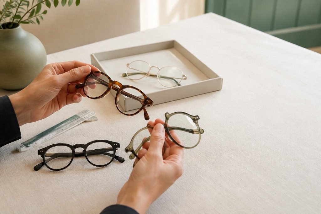 Hands comparing spectacle frames on a table