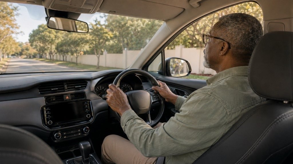 Adult wearing glasses, driving on a suburban road