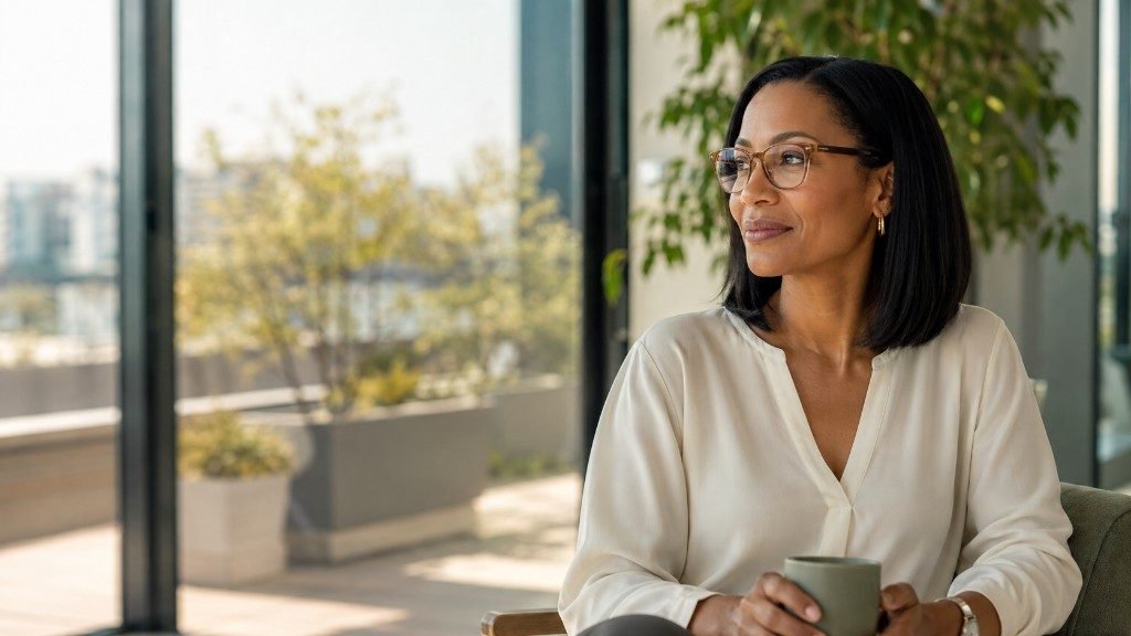 Adult wearing glasses, holding a mug beside a bright window