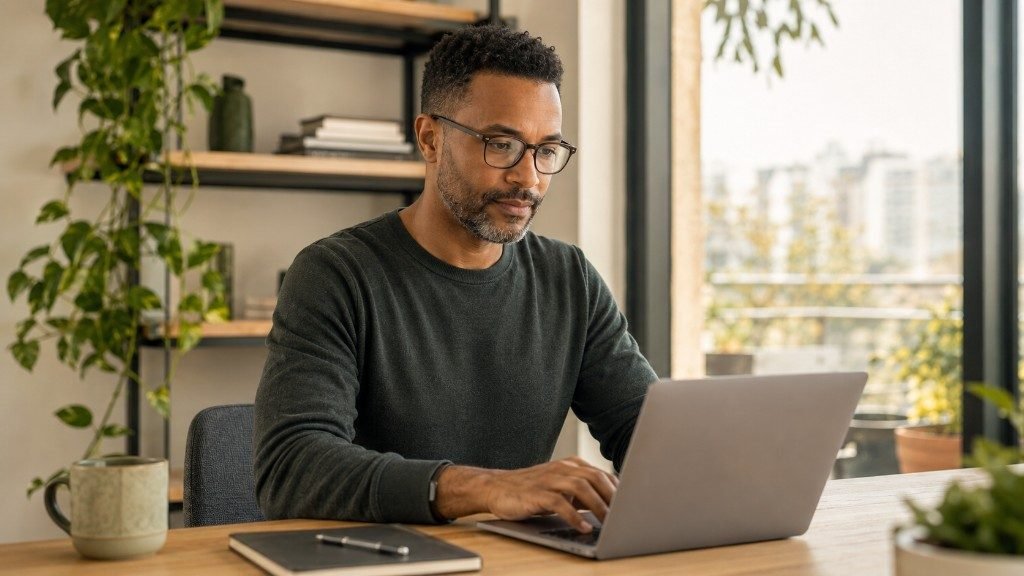 Adult wearing glasses, working at a laptop