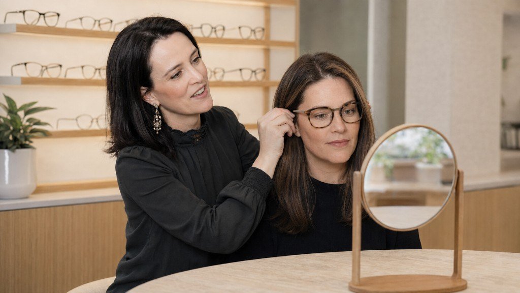 Optometrist adjusting the temple of glasses on a seated patient at a tabletop mirror