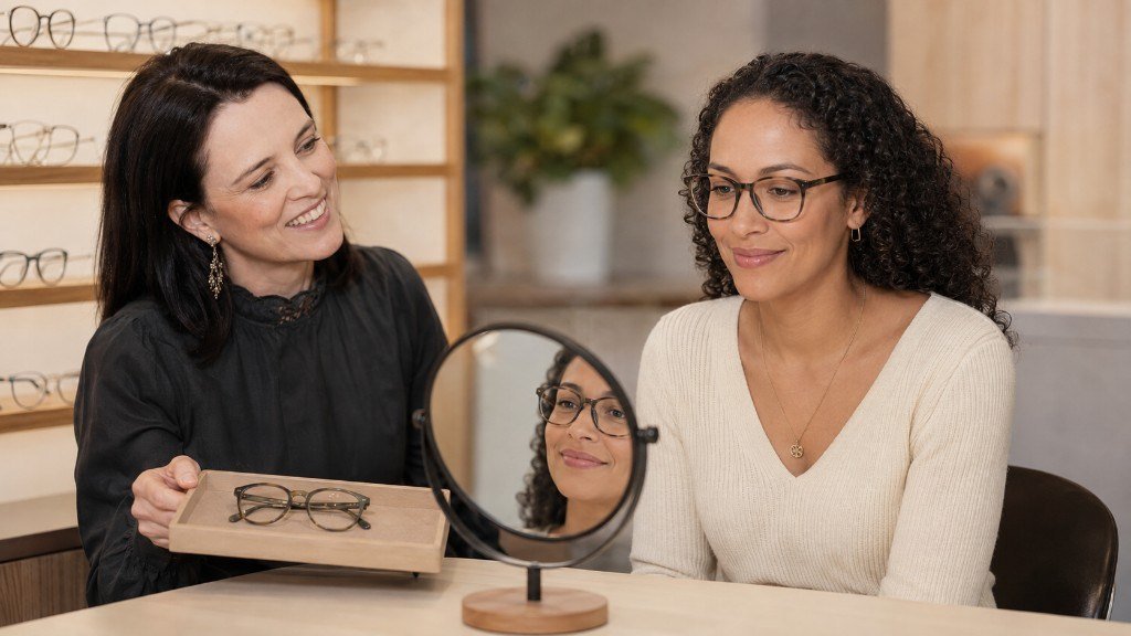 Optometrist holding a tray of frames while a patient checks new glasses in a tabletop mirror