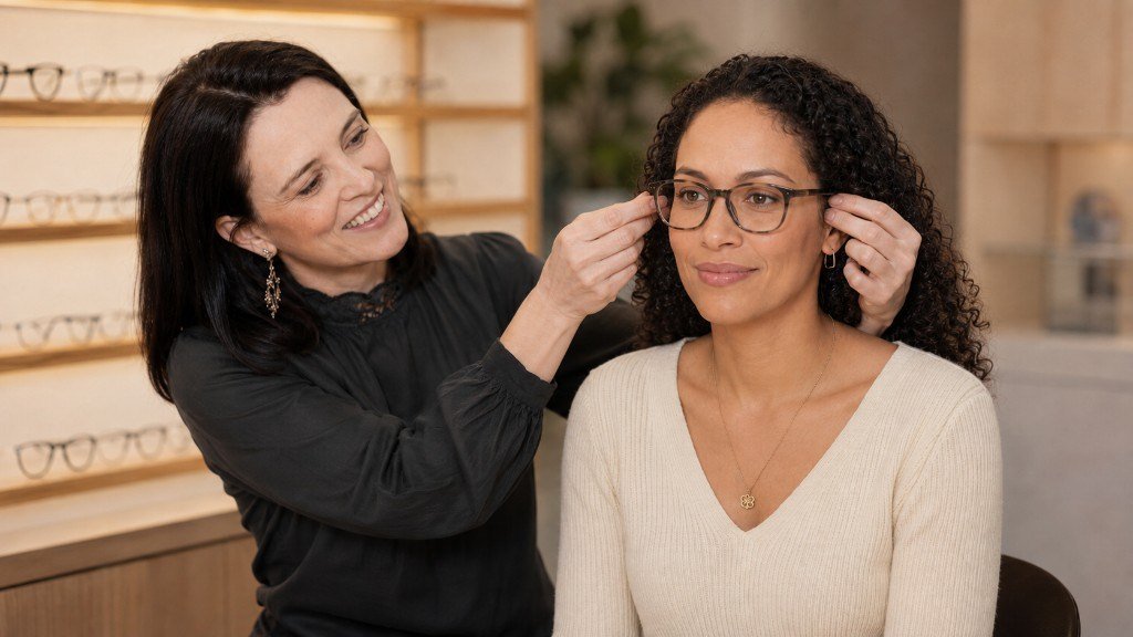 Optometrist placing glasses on a seated patient, with frames on shelves behind them