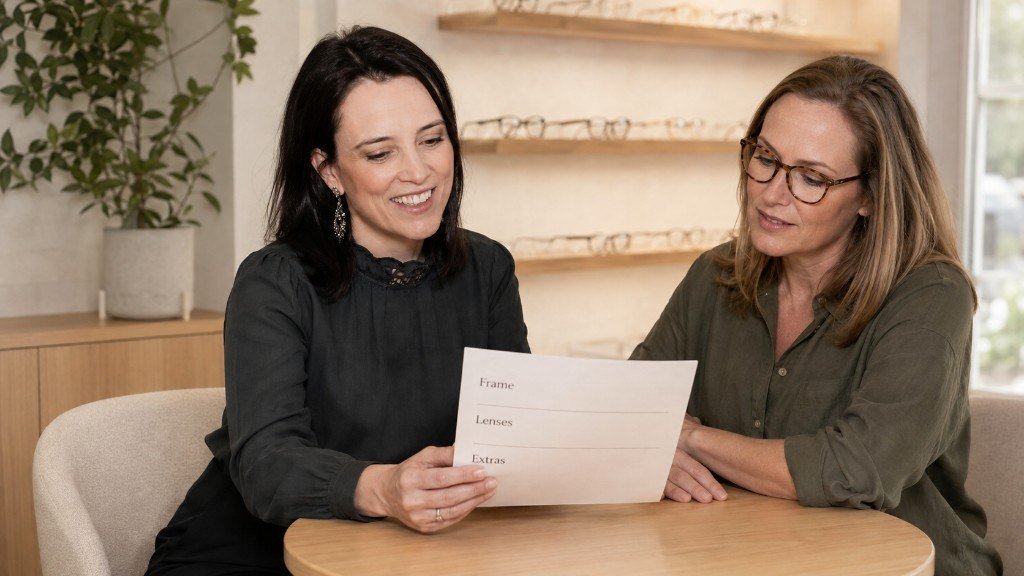 Optometrist and patient reviewing a paper quote with frame, lenses and extras listed separately
